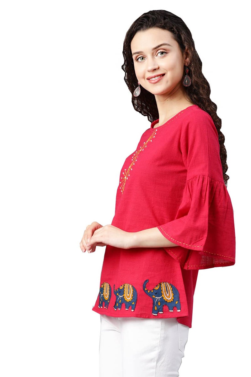 Yash Gallery Cotton Elephant Print Summer Bell Sleeve Tops for Women (Pink, XS) - Image 3